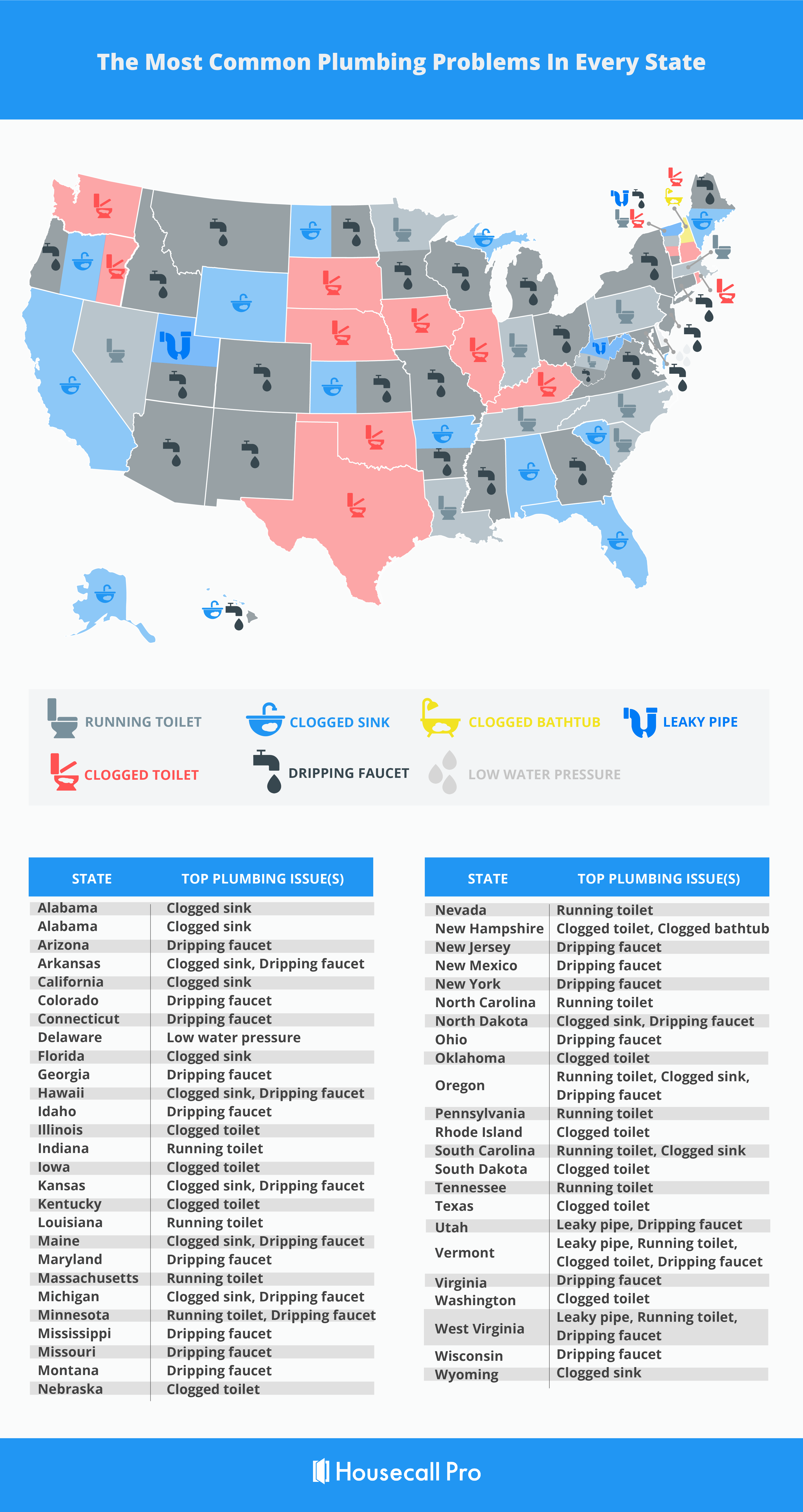 an illustrative map of us states and a table showing the common plumbing problems by state