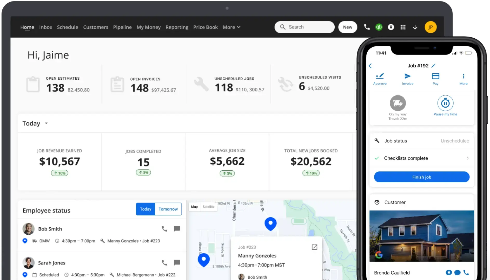 Housecall Pro's field service software dashboard in mobile and desktop