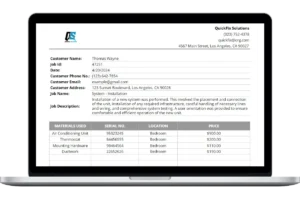 Laptop screen displaying a field service report template with customer details, job description, and a materials used table including item names, serial numbers, locations, and prices.